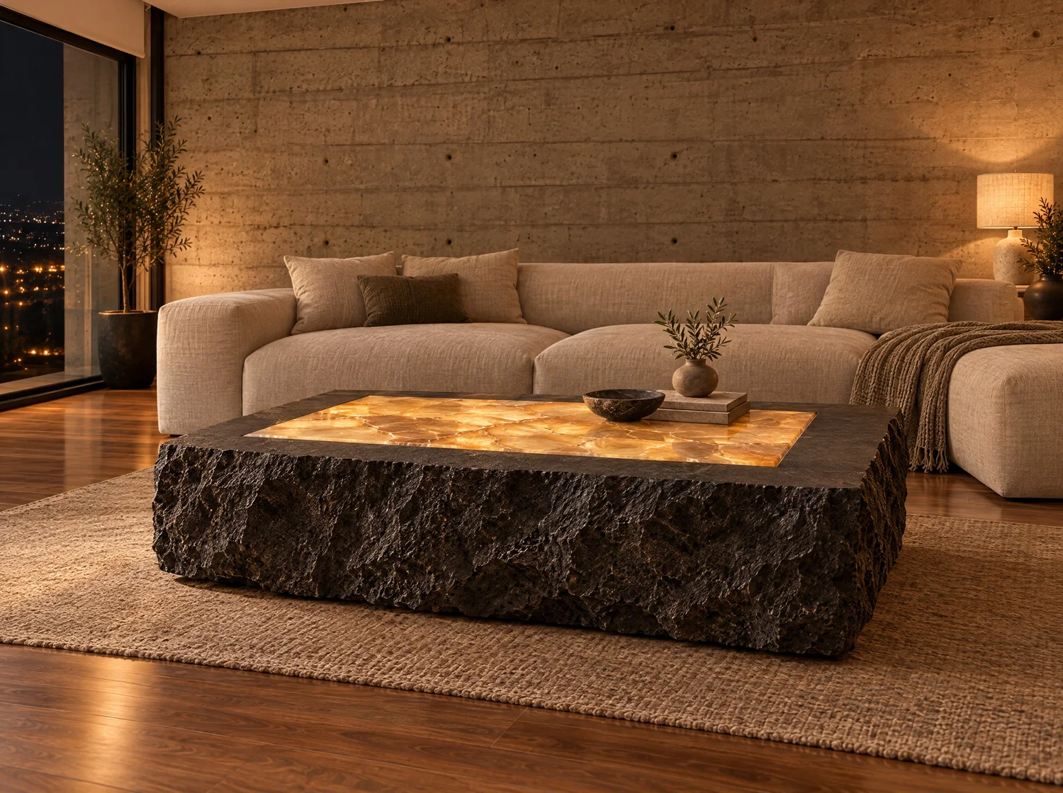Brasero, coffee table in volcanic stone and onyx. Design render.