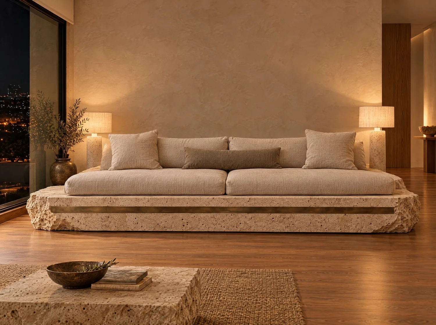 Médano, sofa in travertine, bronze and upholstery. Design render.