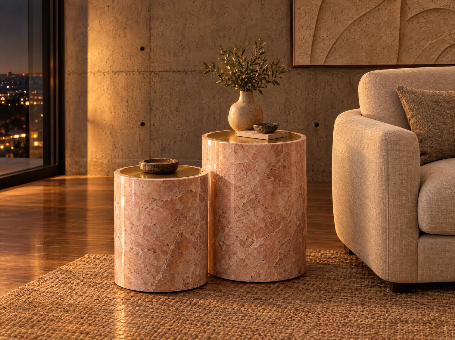 Gemelas, coffee table in pink marble and brass. Design render.