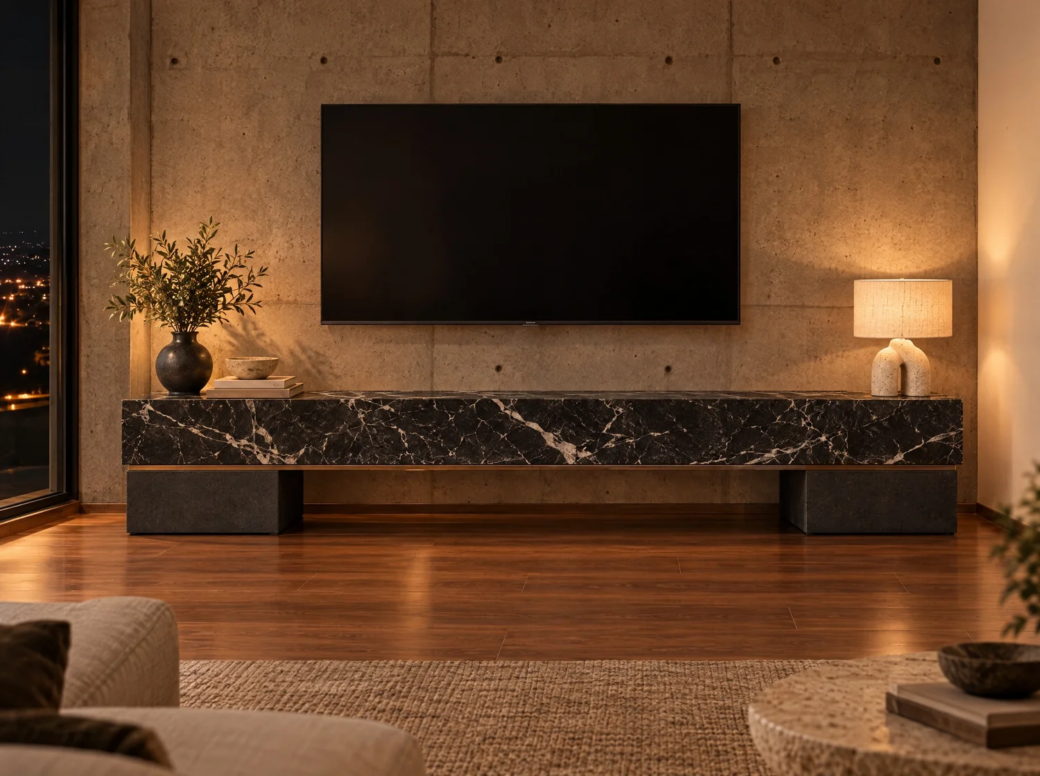 Horizonte, media cabinet in Negro Vizarrón marble, black concrete and bronze. Design render.
