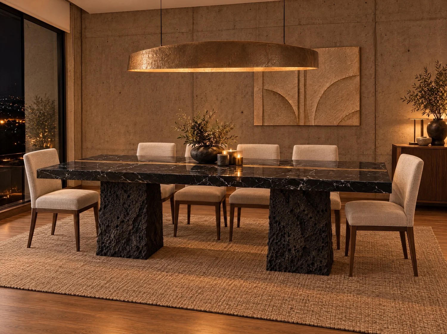 Veta Negra, dining table in Negro Vizarrón marble, volcanic stone and brass. Design render.