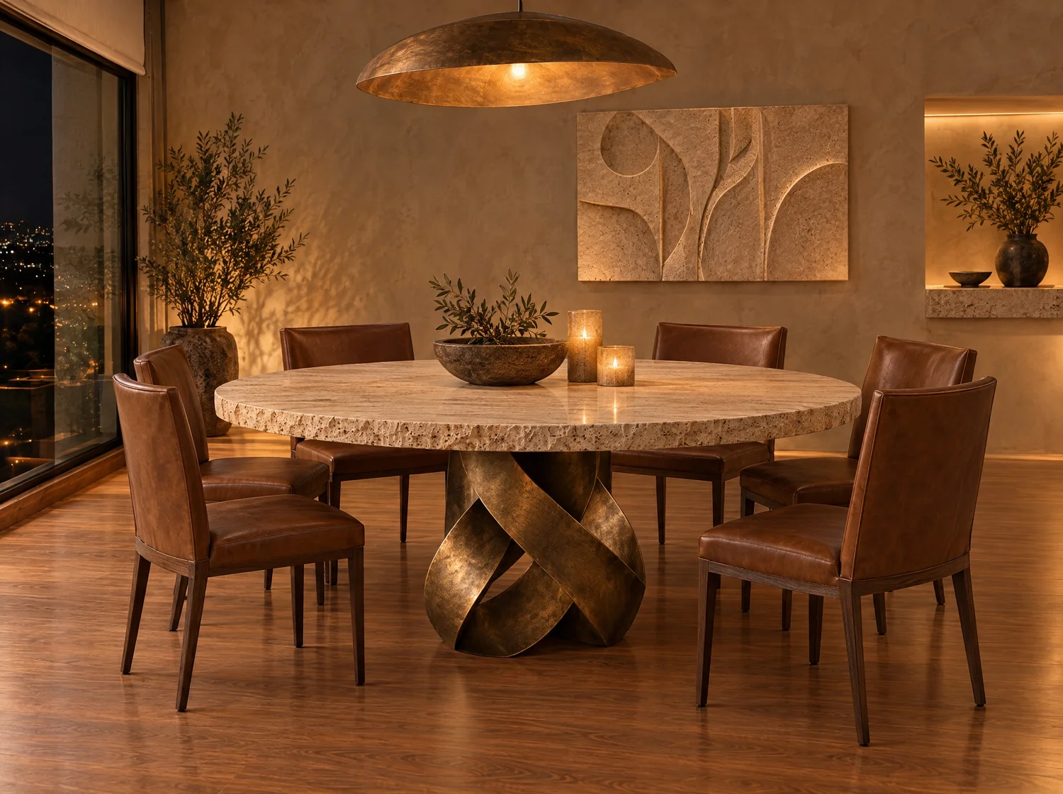 Trenza, dining table in travertine and bronze. Design render.
